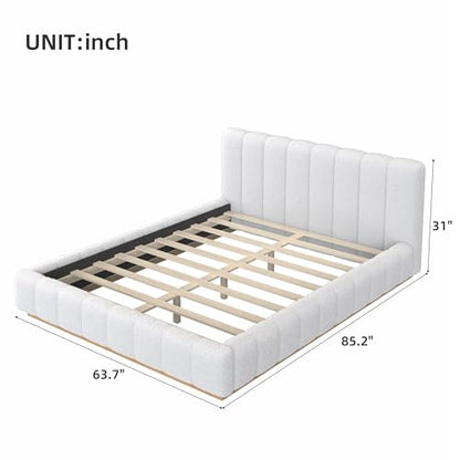 Majnesvon Queen Size Upholstered Bed Frame, Soft Boucle Bed Frame with Headboard, Low Profile White Platform Bed with Wood Base - size: Queen (U.S. Standard)