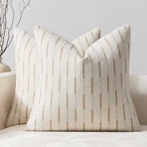 Set of 2 Throw Pillow Covers 18x18 Linen Decorative Couch Pillow Cases Neutral Beige Farmhouse Textured Square Accent Pillow Covers for Living Room Sofa Bedroom, Khaki - color: Khaki, size: 18" x 18" (Pack of 2)