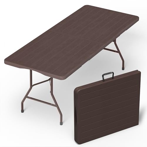VSOAEIL 6 Foot Folding Table, 6 FT Foldable Plastic Table Heavy Duty HDPE | 6 Feet Portable Fold-in-Half Utility Folding Table with Handle for Picnic, Party, Dining, Camping, Indoor & Outdoor, Brown - color: Brown, size: 6 FT - 1 PACK