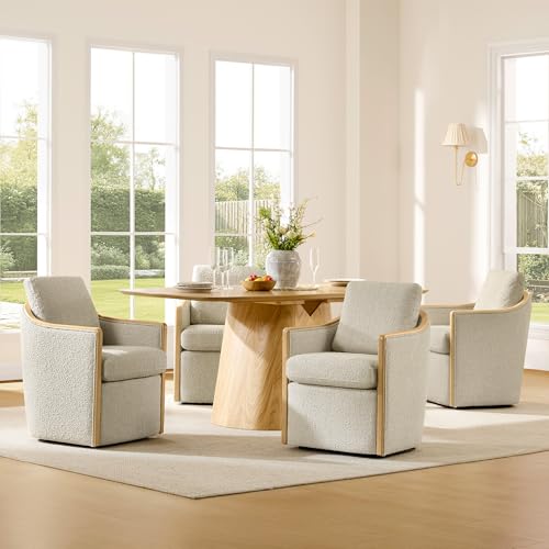 CHITA Upholstered Dining Chairs Set of 4 with Hidden Casters, Oatmeal | Fully Assembled Modern Dining Chair with Backrest & Wood Armrest, Chenille Barrel Chairs for Dining Room, Kitchen Chairs - color: Oatmeal, size: set of 4