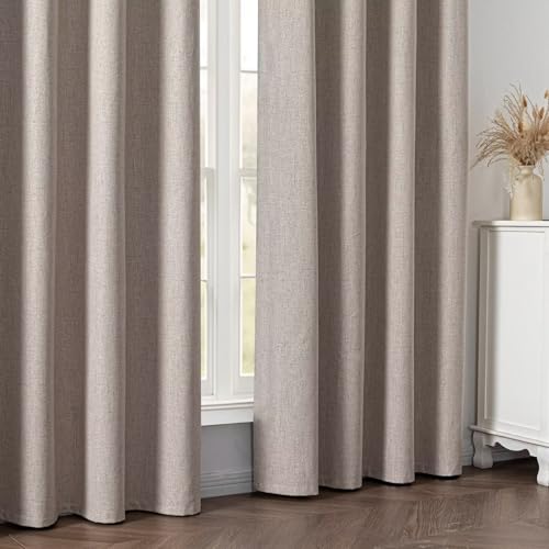 100% Blackout Curtains 84 inch Length 2 Panels Faux Linen Long Drapes for Bedroom Nursery Living Room Black Out Room Darkening Curtain Thermal Insulated Back Tab Rod Pocket(W52 x L84, Beige) - color: Beige, size: 52"W x 84"L (Pack of 2)