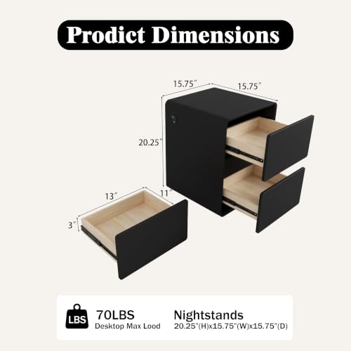 Modern Leather Nightstands Set of 2, Solid Wood Bedside Table with 2 Drawers & USB Charging Station, Preassembled End Table Small Nightstand for Bedroom Living Room Office, Black - color: Black, size: 16"