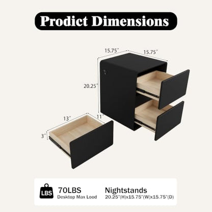 Modern Leather Nightstands Set of 2, Solid Wood Bedside Table with 2 Drawers & USB Charging Station, Preassembled End Table Small Nightstand for Bedroom Living Room Office, Black - color: Black, size: 16"