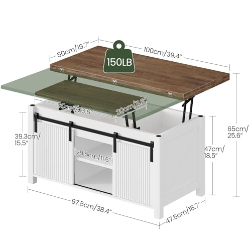 Lift Top Coffee Table, 4 in 1 Convertible Coffee Table, Farmhouse Coffee Tables, with Hidden Compartments, with Sliding Doors, for Living Room, Apartment, White and Walnut MKF01WL - color: White + Walnut