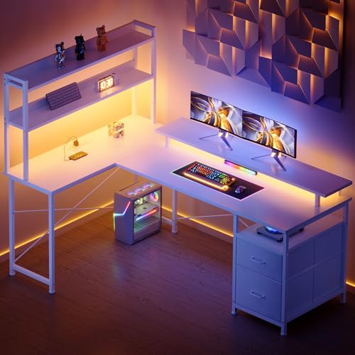 L Shaped Gaming Desk, Reversible with LED Lights, Shelves, White | Reversible, LED lights, Charging, Monitor stand - color: White