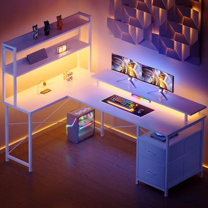 L Shaped Gaming Desk, Reversible with LED Lights, Shelves, White | Reversible, LED lights, Charging, Monitor stand - color: White