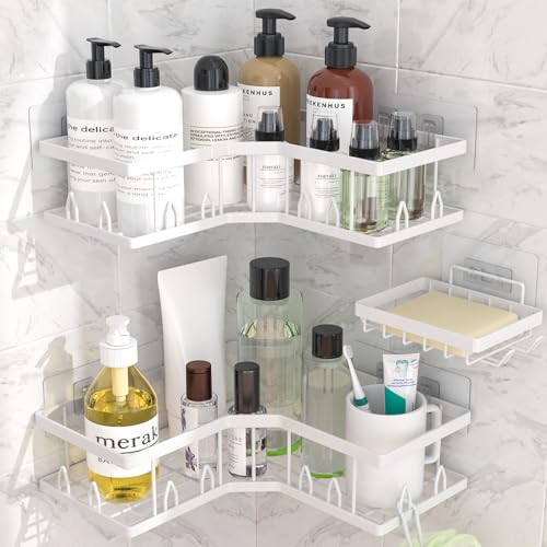 Shower Shelf Corner, Adhesive Shower Caddy Rustproof, Shower Shelves Corner with Soap Holder, No Drilling Shower Corner Organizer for Dorm, Renters Bathroom, White, 3 Pack - color: White (3 Pack)