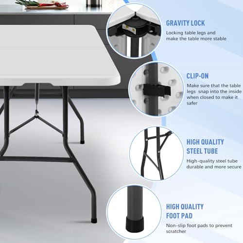 6FT Folding Table, Heavy Duty Plastic Table Portable Fold-in-Half Utility Table Indoor Outdoor Picnic Table w/Handle & Lock for Camping BBQ Party Wedding Market Events, 500LBS - size: 6 FT