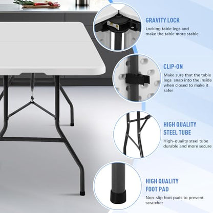 6FT Folding Table, Heavy Duty Plastic Table Portable Fold-in-Half Utility Table Indoor Outdoor Picnic Table w/Handle & Lock for Camping BBQ Party Wedding Market Events, 500LBS - size: 6 FT