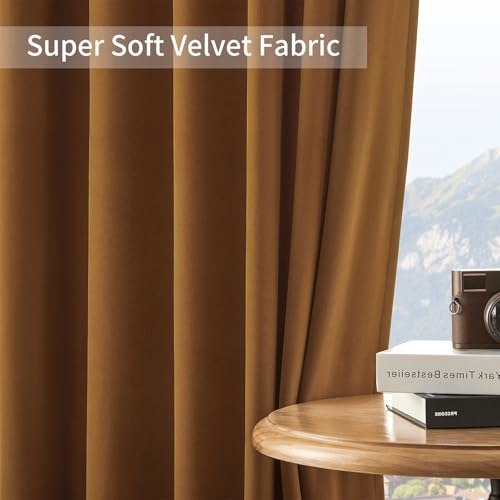 Joydeco Camel Brown Velvet Curtains 63 inch Length 2 Panels, Luxury Blackout Rod Pocket Thermal Insulated Window Curtains, Super Soft Room Darkening Drapes for Living Room Bedroom,W52 x L63 inches - color: Rod Pocket | Camel Brown, size: 52"W x 63"L (Pack