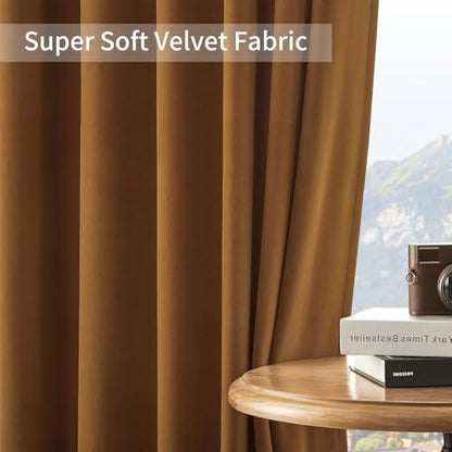 Joydeco Camel Brown Velvet Curtains 63 inch Length 2 Panels, Luxury Blackout Rod Pocket Thermal Insulated Window Curtains, Super Soft Room Darkening Drapes for Living Room Bedroom,W52 x L63 inches - color: Rod Pocket | Camel Brown, size: 52"W x 63"L (Pack