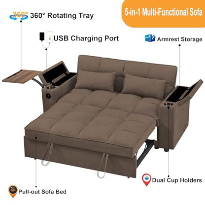 65" 3-in-1 Sofa Bed, Pull Out Sleeper Sofa with 360° Swivel Side Table, Storage Armrests, Cup Holders & USB Charging Ports, Chenille Convertible Couch for Living Room - color: 1107-coffee Brown-