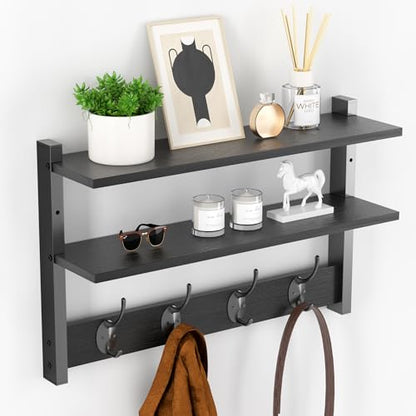 Two-Tier Wall Shelf with Hooks, 17" Coat Rack Wall Mount with Shelf, Entryway Key Hooks for Wall with Heavy Duty Double Hooks, Coat Hook Wall Mounted for Bedroom, Living Room, Black - color: Black-1 Pack