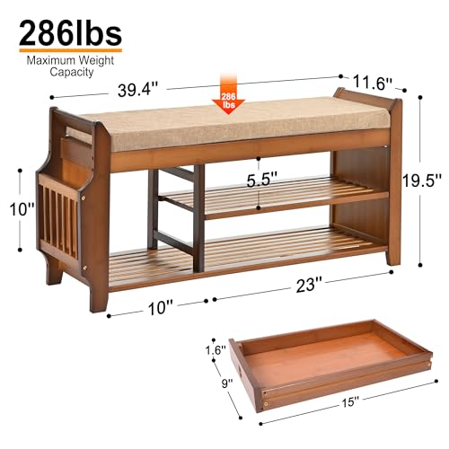 PETKABOO Shoe Bench with Hidden Drawer and Side Holder, 2 Tier Entryway Bench with Storage 39.4 in, Bamboo Shoe Rack with Cushion for Entryway Hallway Living Room Bedroom - size: 39.4"