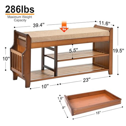 PETKABOO Shoe Bench with Hidden Drawer and Side Holder, 2 Tier Entryway Bench with Storage 39.4 in, Bamboo Shoe Rack with Cushion for Entryway Hallway Living Room Bedroom - size: 39.4"