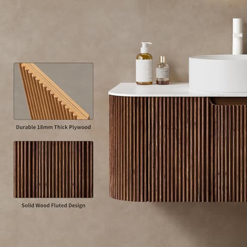 24” Floating Bathroom Vanity with Sink, Fluted Wall-Mounted Solid Wood Cabinet, White Ceramic Round Basin, Faux Marble Top, Soft-Close Drawer, Pre-Assembled, Walnut Woodgrain - color: 04 - Walnut Woodgrain, size: 24"