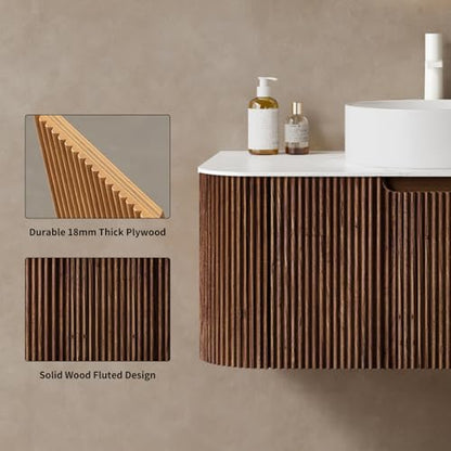 24” Floating Bathroom Vanity with Sink, Fluted Wall-Mounted Solid Wood Cabinet, White Ceramic Round Basin, Faux Marble Top, Soft-Close Drawer, Pre-Assembled, Walnut Woodgrain - color: 04 - Walnut Woodgrain, size: 24"