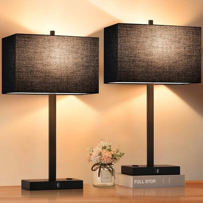 21" Touch Bedside lamps with 2 USB & AC Outlets, 3-Way Dimmable Bedside Table Lamps Set of 2 for Bedroom Living Room Office Reading, Black Shade Lamps for Night Stands, 2700K LED Bulbs Included - color: (2 Pack)Black Linen& Matte Black(Base)-2700K Bulbs I