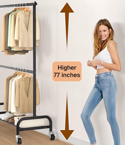 MISSLO Small Clothes Racks for Hanging Clothes and Double Rod Garment Rack with Wheels, 2 Pack