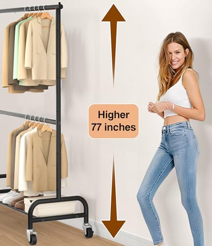MISSLO Small Clothes Racks for Hanging Clothes and Double Rod Garment Rack with Wheels, 2 Pack
