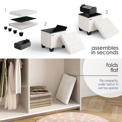 Storage Ottoman Cube with Small Bin, 15-in Square Ottoman with Storage for Living Room and Bedroom, Small Ottomans Foot Rest, Fabric Foot Stools Ottomans Max 330lbs, Cream - color: 09 - Cream