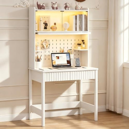 Lvifur 31.5" LEDStudy Desk with Drawer,Hutch,Reading Lights | Computer Desk with Charging Station,2 Drawer,Compact Writing Desks,Home Office Desks for Bedroom,White - color: White-a