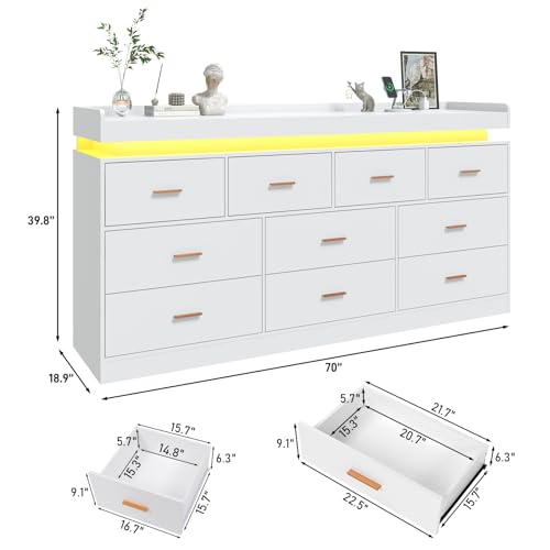 jiteentarou 10 Drawer Dresser with Charging Station and LED Lights, Modern Chest of Drawers with Power Outlet, Organizer Cabinet for, Living Room, Entryway, White - color: White, size: 18.9"D x 70.1"W x 39.8"H (10 Drawers)