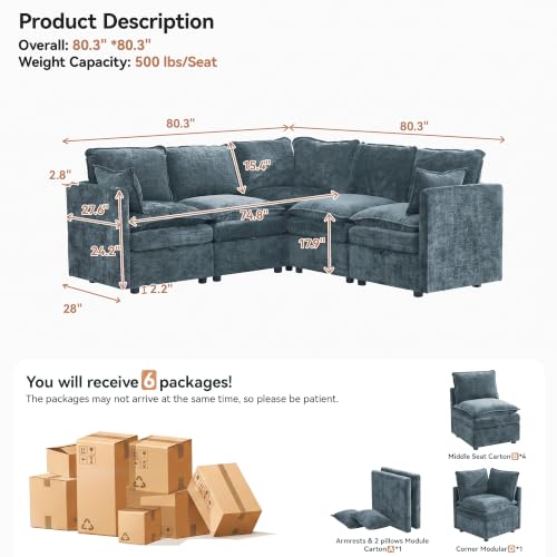80" Blue Modular Storage Sofa, V Shaped Chenille Cloud Couch with Armrest | Oversized Convertible Sectional Sofa, 5-Seat Sectional Couch With Armrests, Large Cloud Couch For Living Room, Apartment. - color: Blue, size: 80"V-Shape Sofa