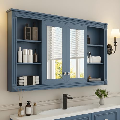 Merax Bathroom Medicine Cabinet with Mirror Door & Adjustable Shelf | 48" x 28" Wall Mounted Bathroom Storage Cabinet with Mirror, Over the Toilet - color: Blue, size: 48"