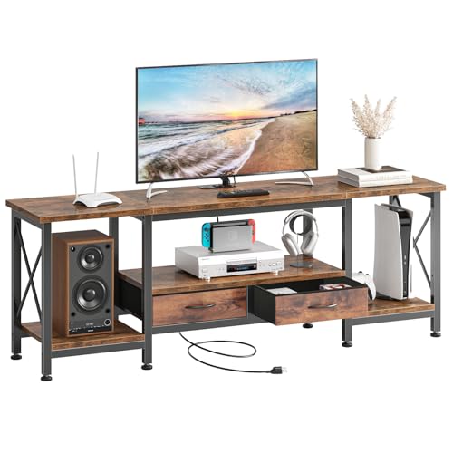 DUMOS TV Stand with Fabric Drawers for 65 70 75 Inches TV | Entertainment Center and Industrial TV Console Table with Open Storage Shelves for Living Room, Bedroom, 63" Rustic Brown - size: 63 Inch