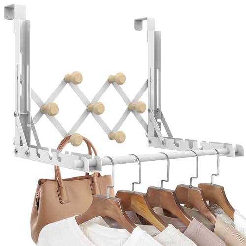 FYY Over the Door Drying Rack, Foldable with 7 Hooks for Laundry Bathroom | Heavy Duty Metal, Adjustable Width, Hanging Towels Clothes, Space-Saving for Dorm Bedroom, Fits Doors up to 1.65"