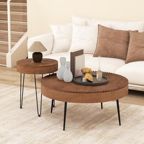 Giantex Boho Round Coffee Table Set of 2, Sofa Side Nesting Table with Solid Pine Wood Top, Metal Legs & Adjustable Foot Pads, 31.5" D Large Table Set for Living Room (Radial Pattern, Brown) - color: Brown, style: Radial Pattern