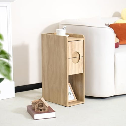 Small Fluted Nightstand Set of 2, Wood 2 Drawer Narrow Nightstand, Slim Side Table, Modern Boho End Bedside Table, Natural Wood Night Stand with Drawers for Bedroom, Living Room, Natural - color: Natural-2 Pcs