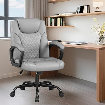 Misolant Office Chair, Executive Desk Chair, PU Leather Comfortable Ergonomic Chairs with Fixed Armrest, Adjustable Height, Rocking Function, 360° Swivel Wheels, Gray - color: Grey