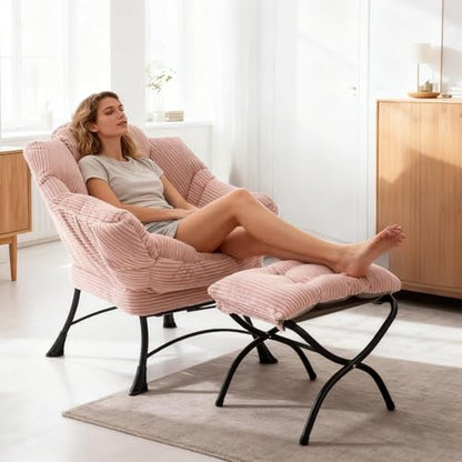 Lazy Chair with Ottoman, Modern Skinny Lounge Chair with Footrest | Foldable Footrest, Padded & Backrest with Side Pocket, Comfy Accent Reading Chair for Living Room & Small Spaces, Pink - color: Pink