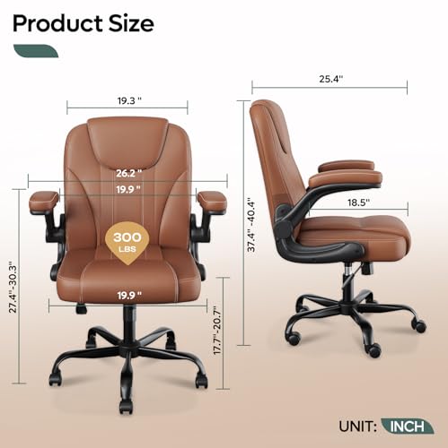 PU Leather Mid-Back Office Chair, Flip-Up Arms, 3.5" Dual-Layer Cushion | PU leather mid-back chair with 3.5" dual-layer cushion, flip-up armrests, swivel wheels, and pneumatic height adjustment - color: Brown