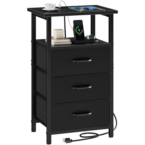 Nightstand with Charging Station, Bedside Table with USB Ports and Outlet, End Table Side Table with 3 Fabric Drawers and Storage Shelf, Bed Side Table Black Night Stand for Bedroom, Black - color: Black, size: 1 Piece, style: Ordinary