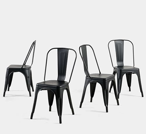 Metal Dining Chairs Set of 4,Midnight Black | Industrial Stackable Kitchen Cafe Bistro Patio Indoor-Outdoor Use - color: Midnight Black