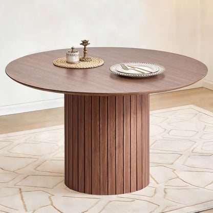 47" Round Dining Table for 4, Farmhouse Kitchen Table [Chamfered Edge Tabletop] Circle Pedestal Dinner Table, φ47.2"x29.5"H, Brown - color: Basic Brown 47