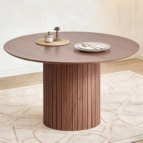 47" Round Dining Table for 4, Farmhouse Kitchen Table [Chamfered Edge Tabletop] Circle Pedestal Dinner Table, φ47.2"x29.5"H, Brown - color: Basic Brown 47