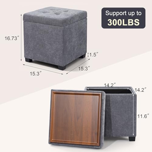 15 inch Square Storage Ottoman with Tray Lid,Modern Tufted Fabric Cube Coffee Table with Storage,Upholstered Ottoman with Removable Top for Living Room, Bedroom - color: Gray With Tray