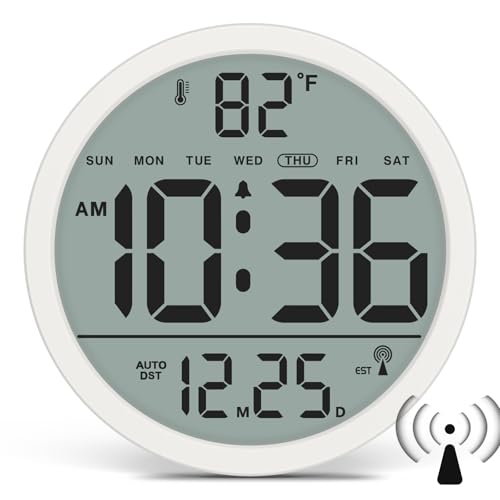 Digital Atomic Wall Clock Battery Operated, 8 Inch Large Display | Never Needs Setting Clock with Date and Temp, Auto DST, Self-Setting Time, Easy to Read for Bedroom, Living Room, Office - color: White
