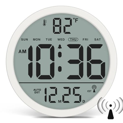 Digital Atomic Wall Clock Battery Operated, 8 Inch Large Display | Never Needs Setting Clock with Date and Temp, Auto DST, Self-Setting Time, Easy to Read for Bedroom, Living Room, Office - color: White