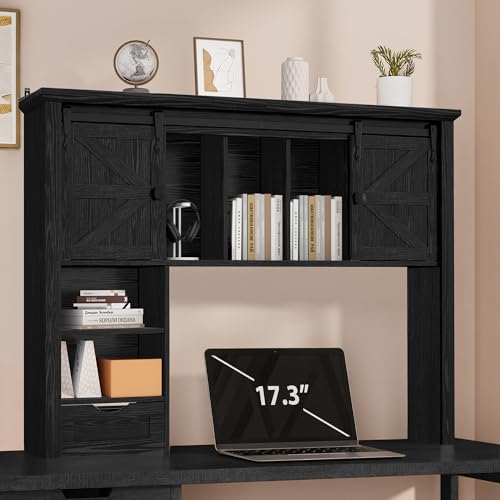 Large Desktop Bookshelf, 47.2" Desk Shelf with Sliding Barn Door | Makeup Storage Rack Desktop Organizer Storage Rack with 7 Cubbies and Drawer Desk Shelf for Office, Dorm, Vanity, Home, Black - color: Black, size: 47.2"