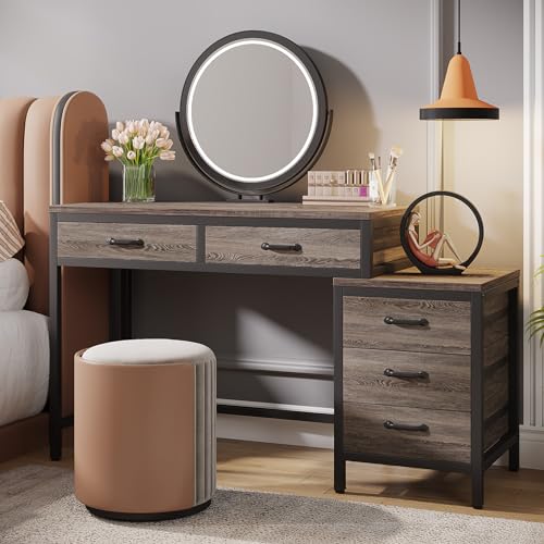 Tribesigns Vanity Desk with 5 Drawers, Makeup Vanity Table | Dressing Table with Side 3-Drawer Chest, Make Up Vanities for Women, Girls (Without Mirror), White - style: Grey