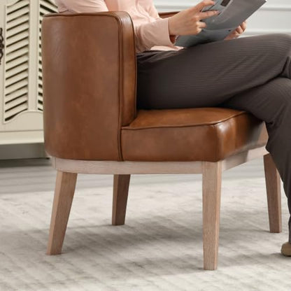Modern Barrel Accent Chair，Mid Century Faux Leather Armless Side Chair Upholstered Comfy Reading Chair with Solid Wooden Frame for Living Room/Bedroom, Brown - color: Brown, size: 1PC