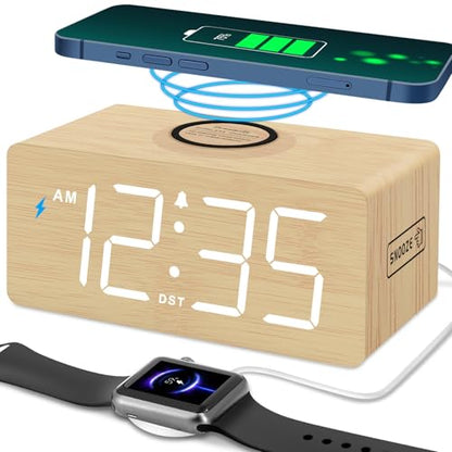 DreamSky Wooden Digital Alarm Clock with Wireless Charging for Bedroom | Bedside Nightstand Clock with Charger Station, USB Port, Large Numbers, Adjustable Volume, Brightness Dimmer, DST - color: Bamboo