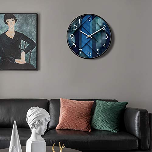 Silent Non-Ticking Analog Wall Clock, Geometric Blue Print, 14'' | Battery Operated, Modern, Metal Frame & HD Tempered Glass, Decorative for Home & Office, Bedroom, Kitchen, Living Room - color: Blue, size: 14inch