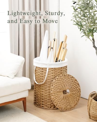 SETVSON Laundry Hamper with Lid 23.8 Gal (90 L) PE Rattan, Natural | 90L 23.8 Gal Round PE Rattan Hamper with Lid, Removable Washable Liner Bag, 2 Mesh Wash Bags, Steel Frame, Handles - color: Natural, size: 90 L