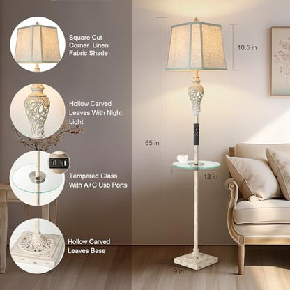 LuxSight Collection Rustic Floor Lamp, Living Room Lamps with Glass Tray, stepless diming Floor Lamp with Remote Control and USB A&C Charging Ports for Living Room Bedroom Office Smart Bulbs Included | Glass Tray, USB A+C Charging Ports, LED Smart Bulbs I